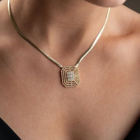 925 Ayar Gümüş Altın Kaplama Baget Taşlı Geometrik Kolye