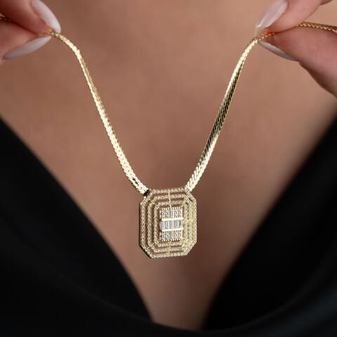 925 Ayar Gümüş Altın Kaplama Baget Taşlı Geometrik Kolye