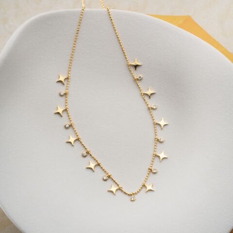 925 Ayar Gümüş Altın Kaplama Sallantılı Yıldız ve Işıltı Kolye