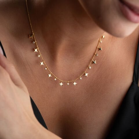 925 Ayar Gümüş Altın Kaplama Sallantılı Yıldız ve Işıltı Kolye