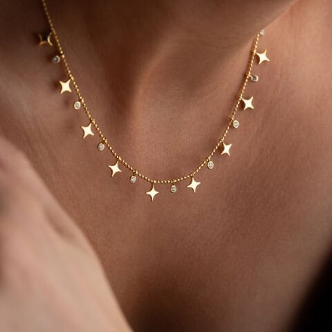 925 Ayar Gümüş Altın Kaplama Sallantılı Yıldız ve Işıltı Kolye