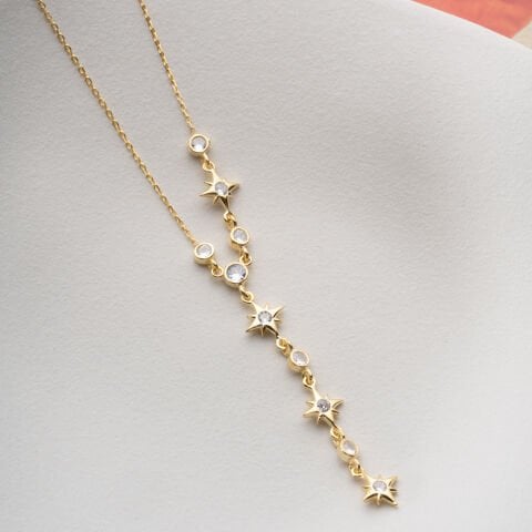 925 Ayar Gümüş Altın Kaplama Taşlı Yıldız Y-Kolye