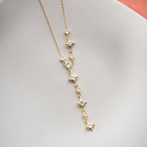 925 Ayar Gümüş Altın Kaplama Taşlı Yıldız Y-Kolye