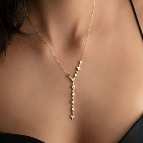 925 Ayar Gümüş Altın Kaplama Taşlı Yıldız Y-Kolye