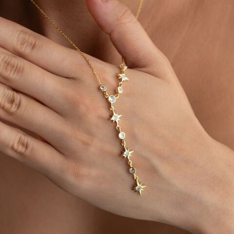 925 Ayar Gümüş Altın Kaplama Taşlı Yıldız Y-Kolye